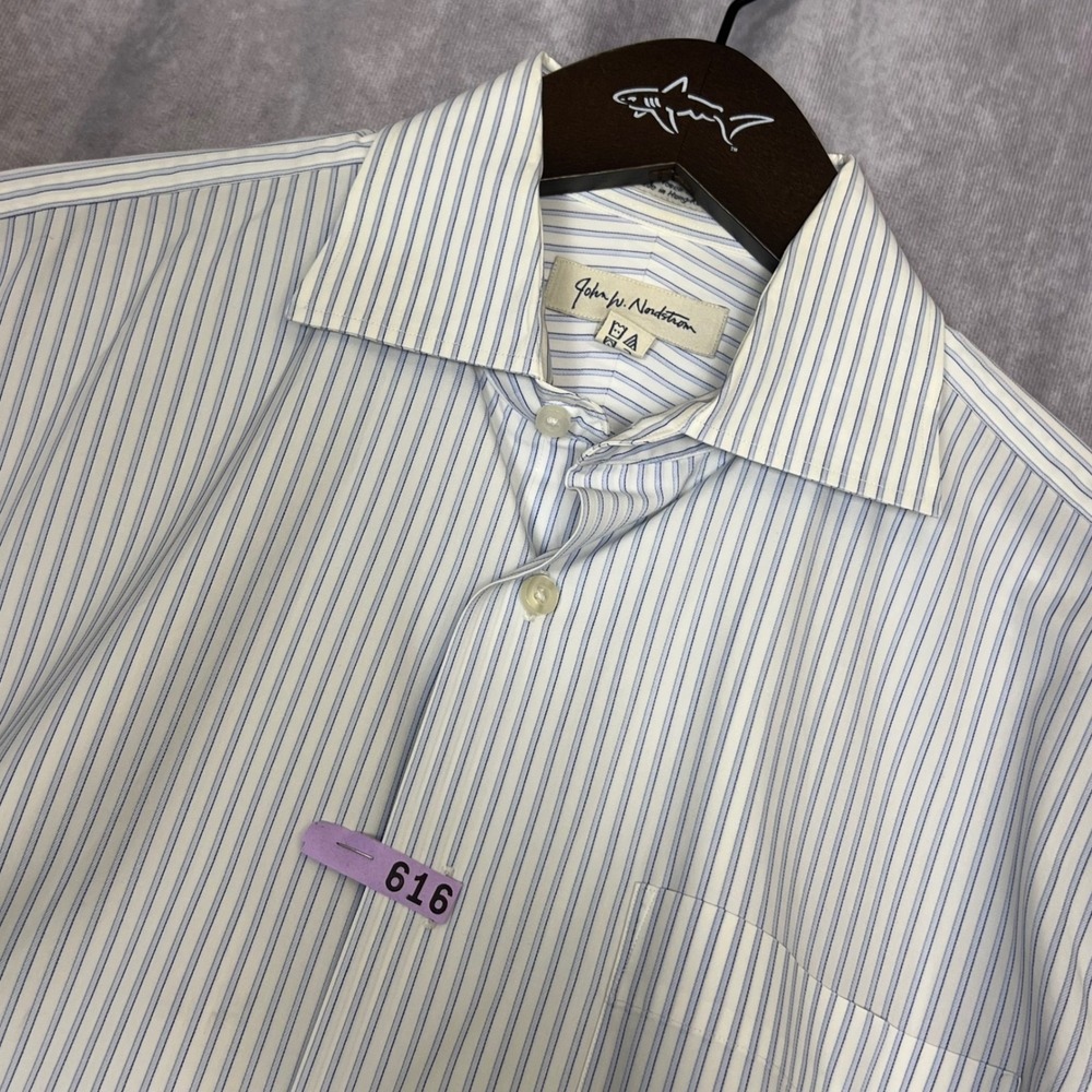John W Nordstrom Mens 15/32 Blue White Striped Dress Shirt Long Sleeve Cotton